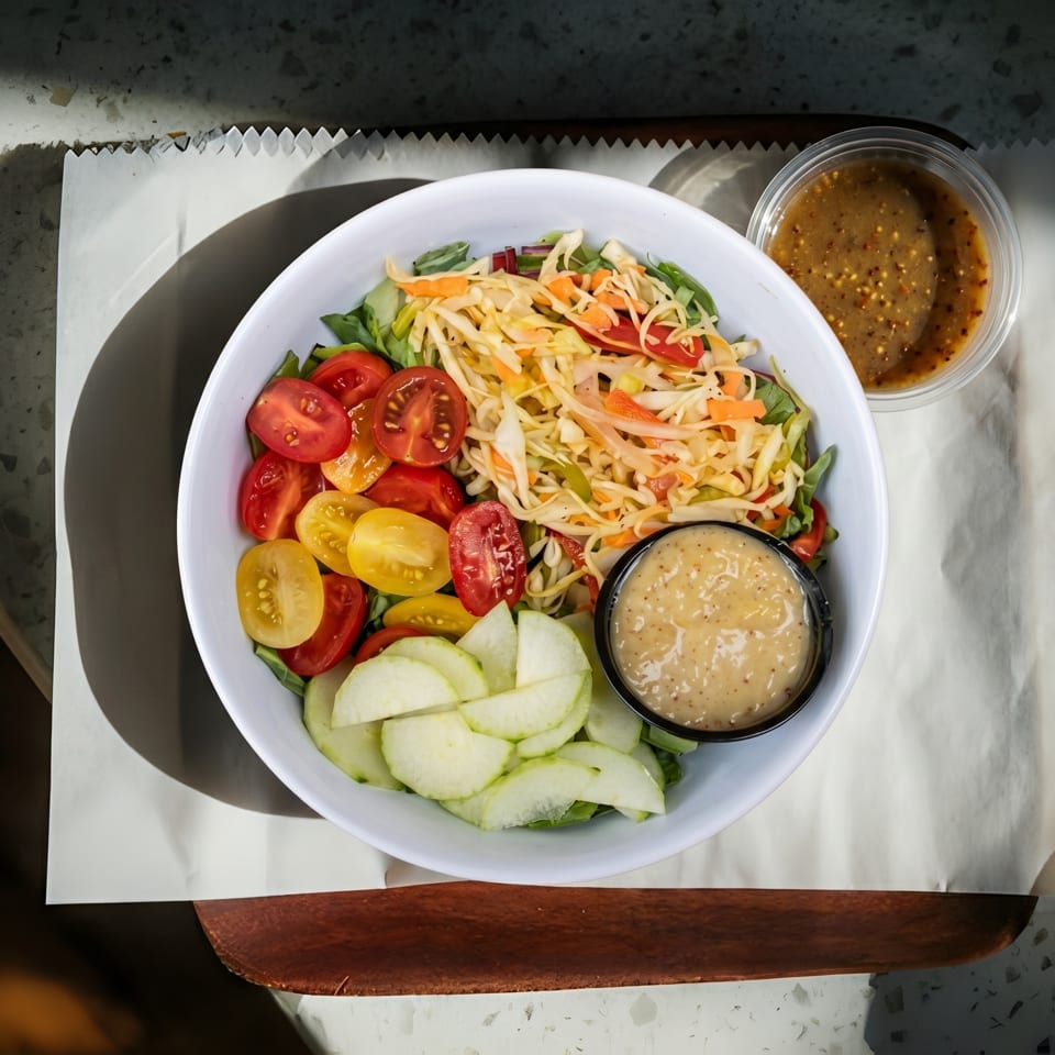 Overhead view of a fresh salad with cherry tomatoes, shredded cabbage, and sliced cucumbers, with dressing.