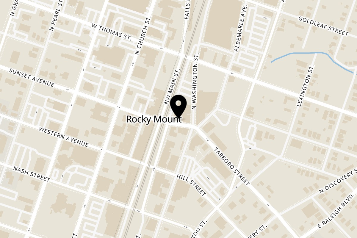Map showing the location of Kafe Louverture on 110 Tarboro St in Rocky Mount
